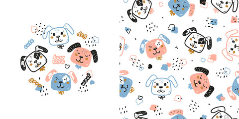 Happy Cute Dogs Vector Seamless Pattern and T-shirt Print Design for Kids. Doodle Cartoon Funny Puppies Faces Background for Kids. Scandinavian Poster and Childish Wallpaper for Birthday, Baby Fashion