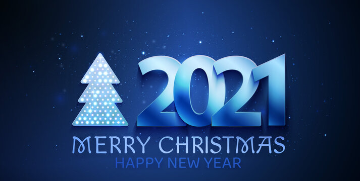 Greetings card blue color with christmas tree and 2021 numbers. Shine and light on the dark background.