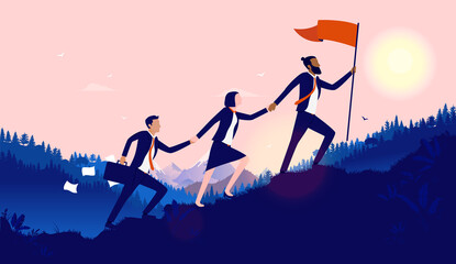 Teamwork diversity - A small group of businesspeople walking up hill to plant flag at the top. Successful, international multiethnic team working towards goal concept. Vector illustration.