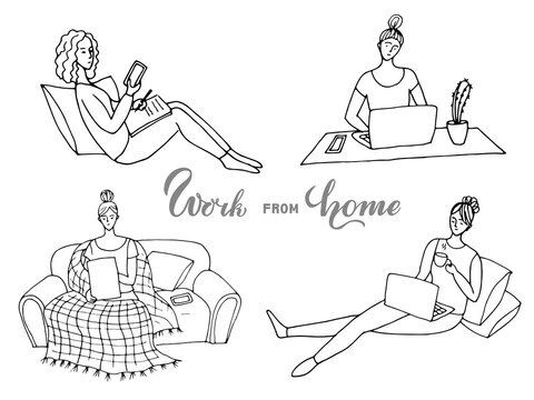 Set of illustration.  Women working in remote work.  Work from home.  Lettering.  Drawn by the outline on a white background in the style of doodle.  Vector.