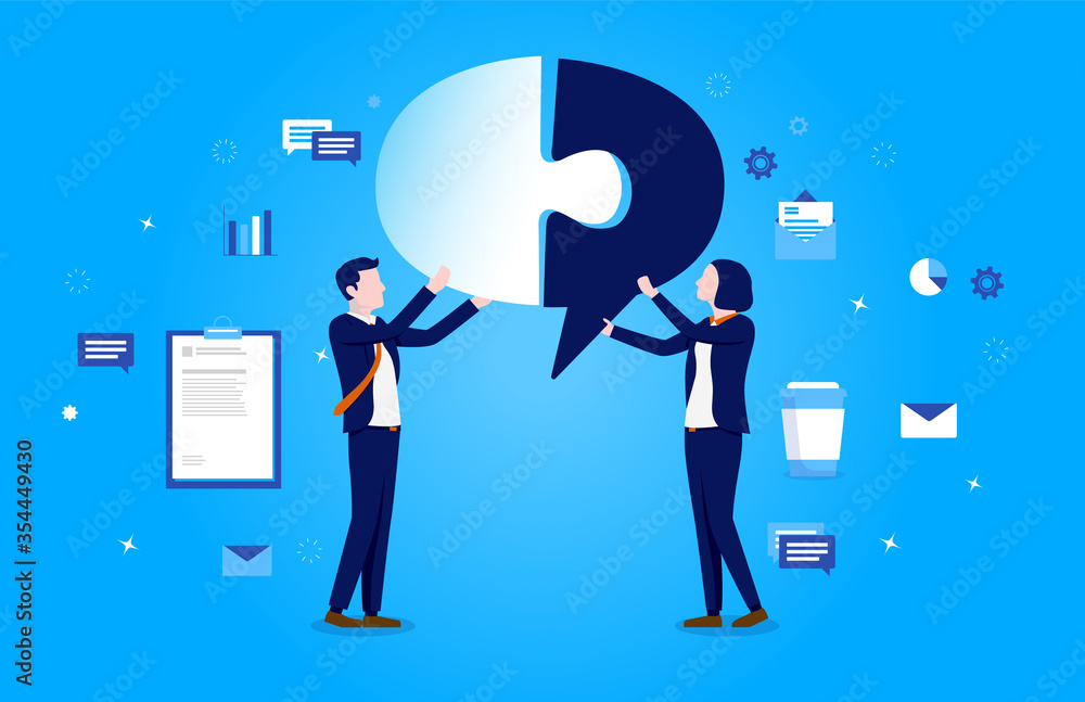 Poster problem solving - image of two businesspeople at work, piecing together a speech bubble puzzle, with