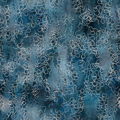 Seamless wet-on-wet blue watercolor wash grungy wet painted faded swirly wiggly lines graphic design. Seamless repeat raster jpg pattern swatch.