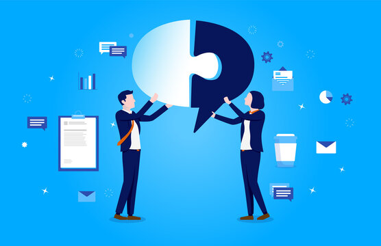 Problem solving - Image of two businesspeople at work, piecing together a speech bubble puzzle, with business elements in background. Communication, teamwork and solution concept. Vector illustration.