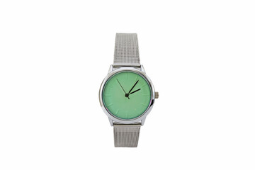 Classic dress wristwatch with gray matte metal mesh strap and phosphorus green luminous dial face, isolated on white background.