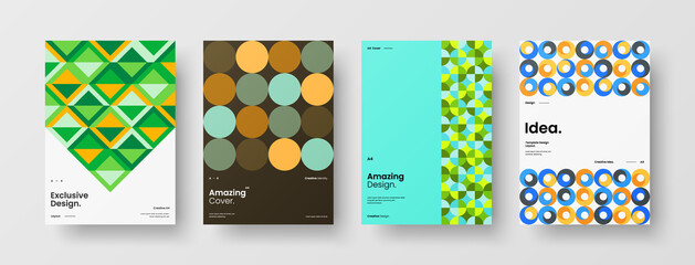 Fototapeta premium Company identity brochure template collection. Business presentation vector A4 vertical orientation front page mock up set. Corporate report cover abstract geometric illustration design layout bundle.
