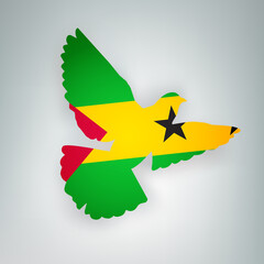 State flag of Saint Thomas and Prince  (Democratic Republic of São Tomé and Príncipe) in the shape of a bird dove on a gray background. Symbol of love and peace, vector concept 