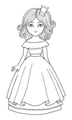 Coloring page or book vector illustration with a beautiful princess. Black outline drawing. Pretty girl.