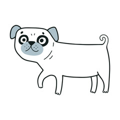 Cute vector cartoon illustration of the pug dog or puppy. Black and white.