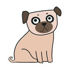 Cute vector cartoon illustration of the pug dog or puppy. Brown color.