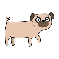 Cute vector cartoon illustration of the pug dog or puppy. Brown color.