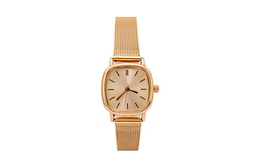 Classic square dress wristwatch with orange matte metal mesh strap and orange dial face, isolated on white background.