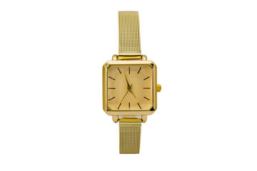 Classic square golden dress wristwatch with yellow matte metal mesh strap and yellow dial face, isolated on white background.