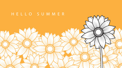 Happy summer day with hand draw of sun flower, floral pattern background