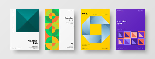 Fototapeta premium Company identity brochure template collection. Business presentation vector A4 vertical orientation front page mock up set. Corporate report cover abstract geometric illustration design layout bundle.
