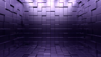 3d purple cubes room with dim lights. Background illustration.