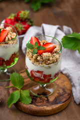 Dessert with strawberry, yogurt and granola