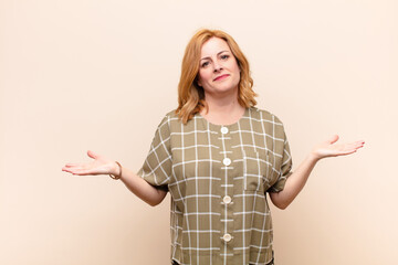 middle age woman feeling puzzled and confused, unsure about the correct answer or decision, trying...