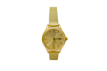 Classic round dress wristwatch with golden matte metal mesh strap, yellow dial face and date function, isolated on white background.