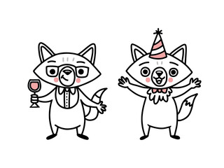 Cute doodle vector foxes with drink and in birthday hat for holidays and party stickers.