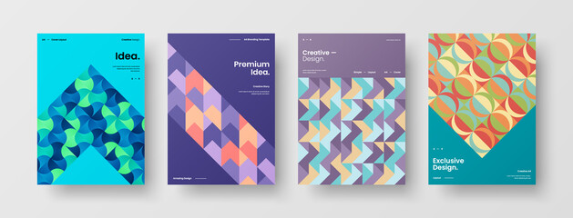 Obraz premium Company identity brochure template collection. Business presentation vector A4 vertical orientation front page mock up set. Corporate report cover abstract geometric illustration design layout bundle.