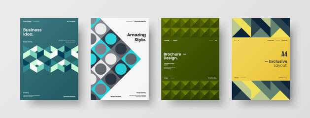 Fototapeta premium Company identity brochure template collection. Business presentation vector A4 vertical orientation front page mock up set. Corporate report cover abstract geometric illustration design layout bundle.