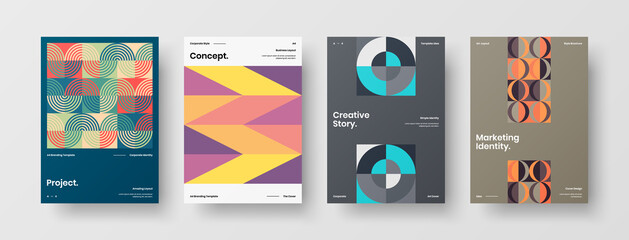 Fototapeta premium Company identity brochure template collection. Business presentation vector A4 vertical orientation front page mock up set. Corporate report cover abstract geometric illustration design layout bundle.