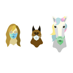 Wearing mask during the pandemic period refer to each, a woman, a dog and a unicorn on white isolated background, vector illustration for icons and logos, concept of Coronavirus and World Situation.