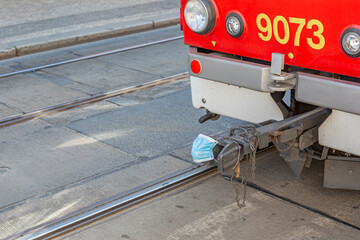 Veil on the drawbar of the tram, as a symbol of the world pandemic and quarantine in Prague