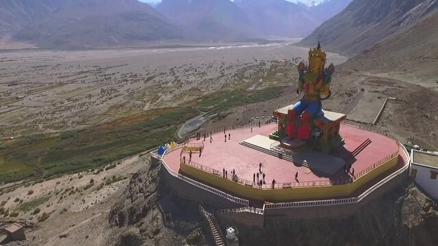 LADAKH,INDIA-11/06/2018: Maitreya Buddha statue in the Nubra valley near the oldest and largest Buddhist monastery Diskit, Ladakh, North India