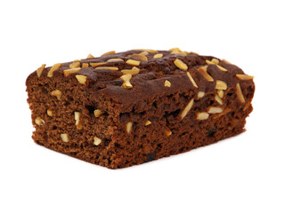 Ready made brown cake with nuts isolated on white
