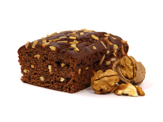 Ready made brown cake with nuts isolated on white