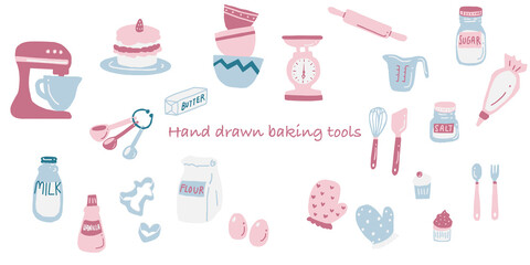 Pastel colored hand drawn baking supplies. Cute graphic resources of illustration in pink blue and red. Baking tools scale bowl cake oven mitt milk butter vanilla measuring cup cream.