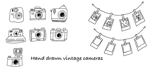 Vintage camera in black and white line art with photography template. Hand drawn ink illustration with vivid cameras with graphic design. Photo template on wall decoration.