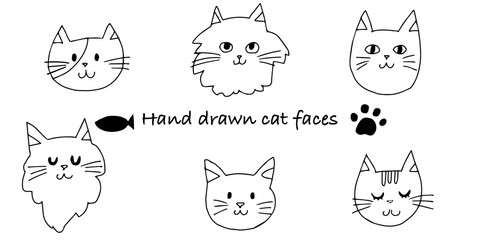 Hand drawn cat faces with fish and paw icon. Cute cartoon black and white line art animal illustration for kids. Black and white line art with color, simple graphic style.