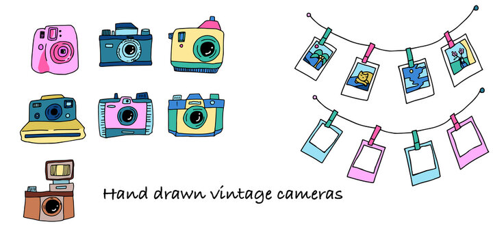 Vintage camera with photography template. Hand drawn ink illustration with vivid cameras with graphic design. Photo template on wall 