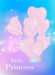Illustration of Little Princess text for planner. Sweet girl with balloon in shape of heart. Brilliant greeting card, poster. Inspirational quote. Blur bokeh background holographic gradient