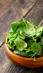 Close-up view of Spinach leafs in Wooden Bowl on wooden background with copy space
