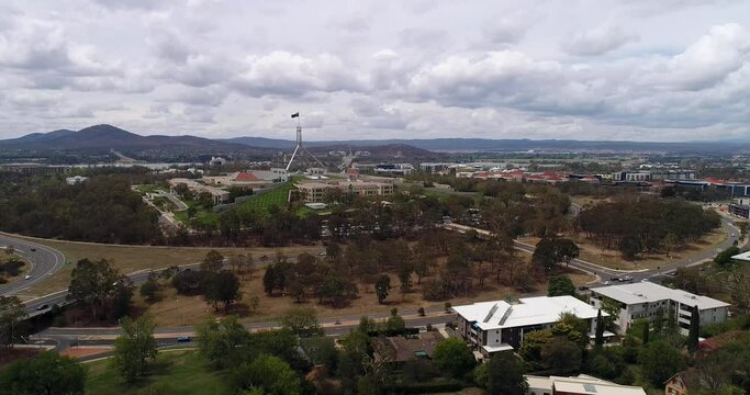 High aerial panning along State circle road in Canberra city around Capitol hill and the federal parliament building
