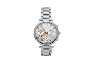 Silver colored elegant chronograph wristwatch with metal oyster style bracelet, white dial face and roman numerals isolated on white background.