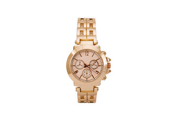 Orange colored elegant chronograph wristwatch with metal oyster style bracelet, white dial face and numerals isolated on white background.