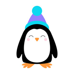 Vector illustration of an isolated penguin with a cute face and wooly hat. Simple, flat style.