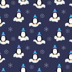 Vector seamless pattern of cute penguins, icebergs and snowflakes.