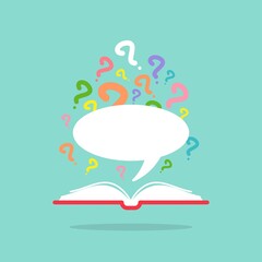 Open red book with colorful question marks flying out and speech bubble.