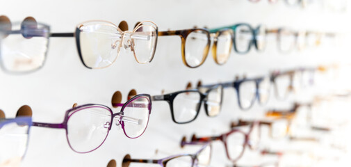 glasses in a showcase of eye surgery and trade. copy space