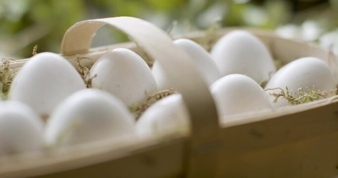 Basket of farm fresh eggs. Shot in slow-motion 4k. National egg day.