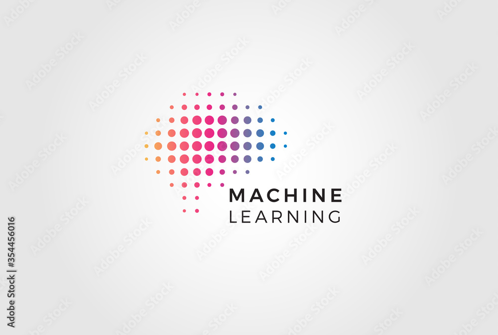 Poster Machine learning logo. Futuristic digital data emblem. Artificial intelligence icon. Science innovation sign. Isolated robotic technology engineering vector illustration. Human brain symbol.