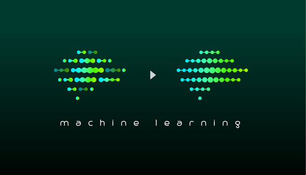 Machine learning logo. Artificial intelligence innovation emblem. Binary code, digital data symbols. Computing and programming algorithm icon. Isolated connected dots. Cyberspace vector illustration.