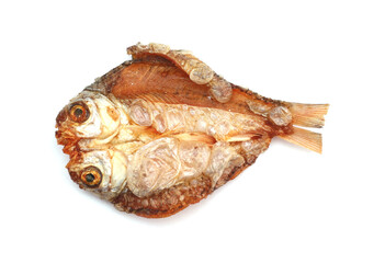 grilled dried fish on white background