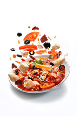 Chicken in tomato sauce with vegetables. Ready dish on a plate, fresh vegetables fall into the plate.