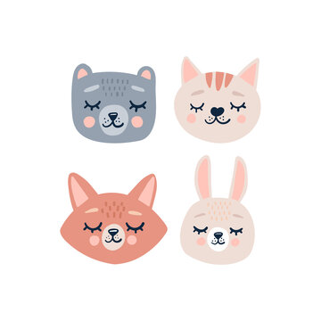 Cute animals heads with closed eyes. Cute cartoon funny character. Pet baby print collection. Scandinavian style.